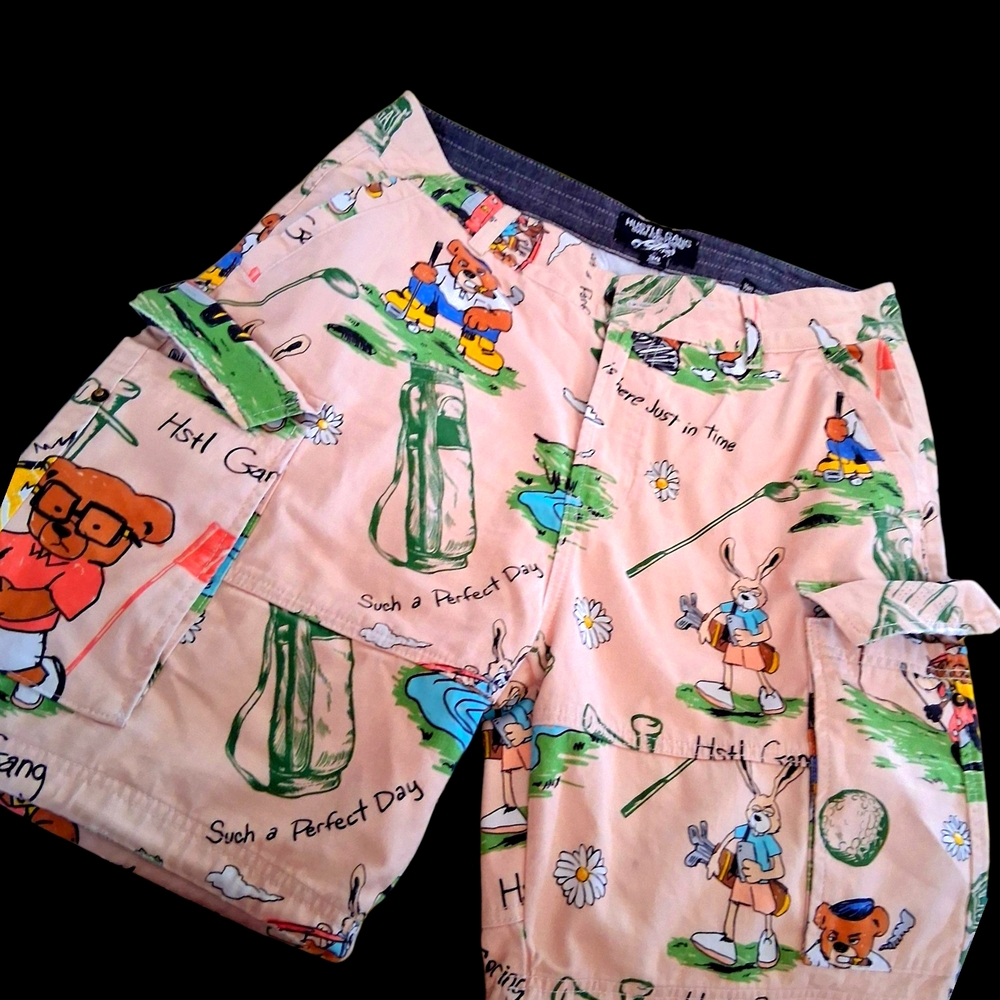 Hustle Gang Beige Cartoon Print Cargo Shorts